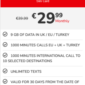 Medium Plan 9GB UK/EU/Turkey