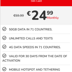 50GB data, Unlimited minutes and Unlimited texts in 71 Countries